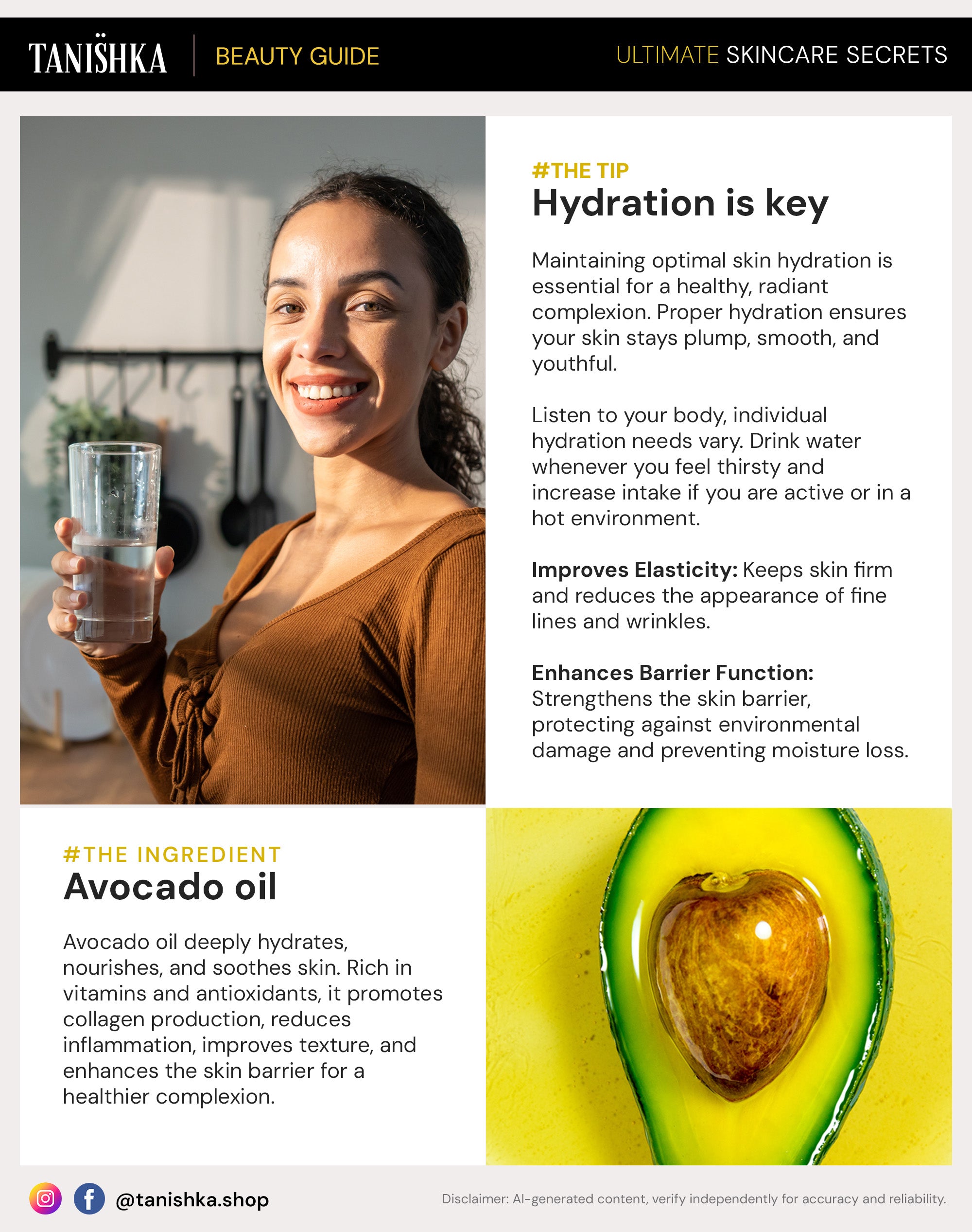 Tanishka, Learn about Hydration in skincare and Avocado benefits